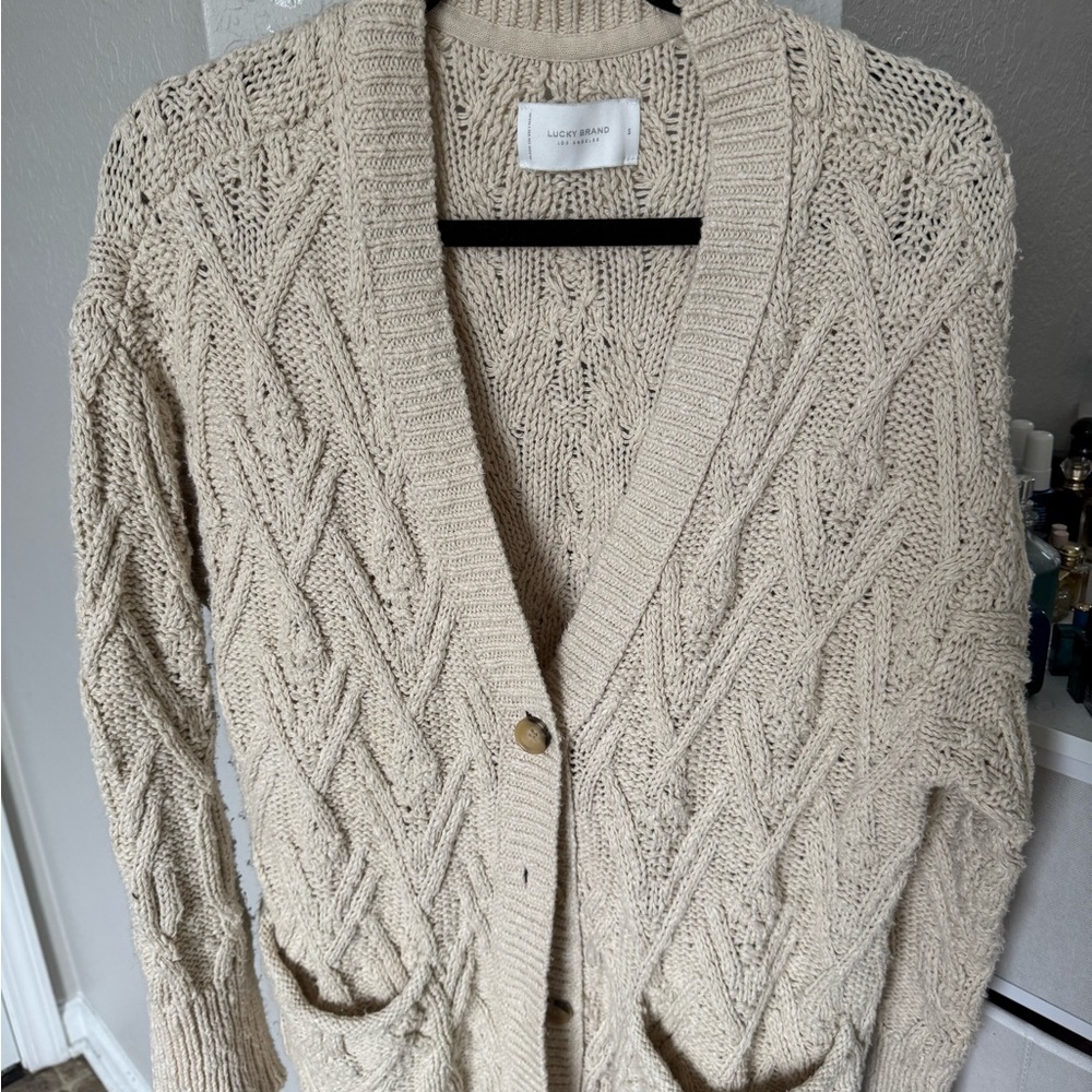 Lucky brand cream cable knit open front cardigan size S